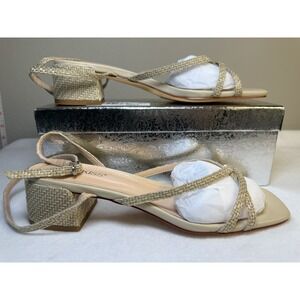 WETKISS Strappy Sandals Womens 9.5 Nude Woven Block Heel Square Toe Low Heel NEW